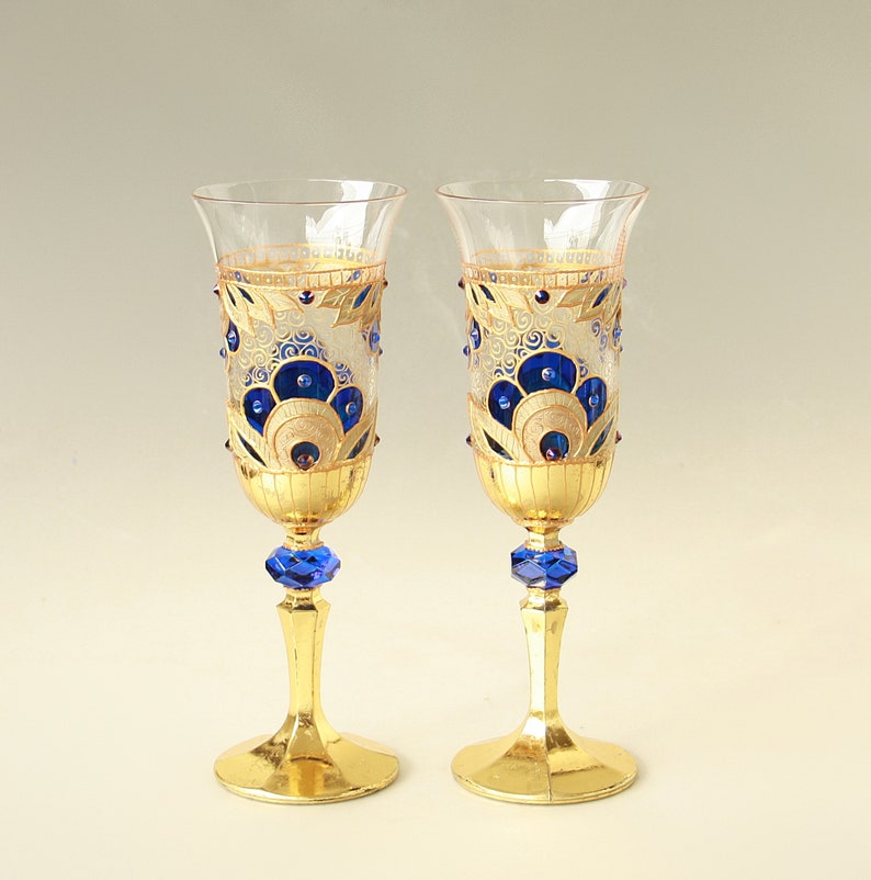 Champagne Glasses Wine Glasses Wedding Glasses Hand Painted, Gold Royal Blue Wedding Glasses, set of 2 image 5