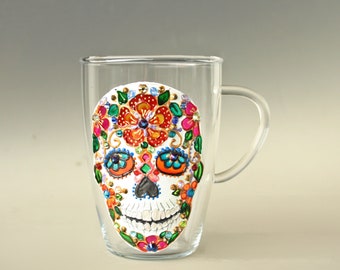 Sugar Skull  Mug, Day of the Dead, Flower Skull, Handpainted