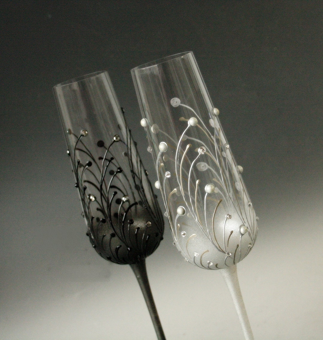 Mr and Mrs Wedding Champagne Glasses Silver White and Graphite Black ,  Pearls, Hand-painted Set of 2 