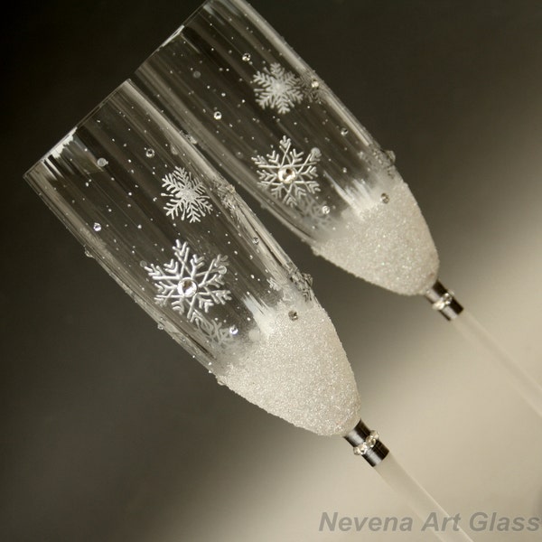 Flocons de neige, verres de mariage d’hiver, verres à champagne, flûtes grillées, flûtes à champagne de mariage, ensemble de 2