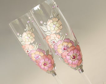 Pink Wedding Glasses Roses Poppy Champagne Flutes Swarovski Crystals, Hand Painted set of 2