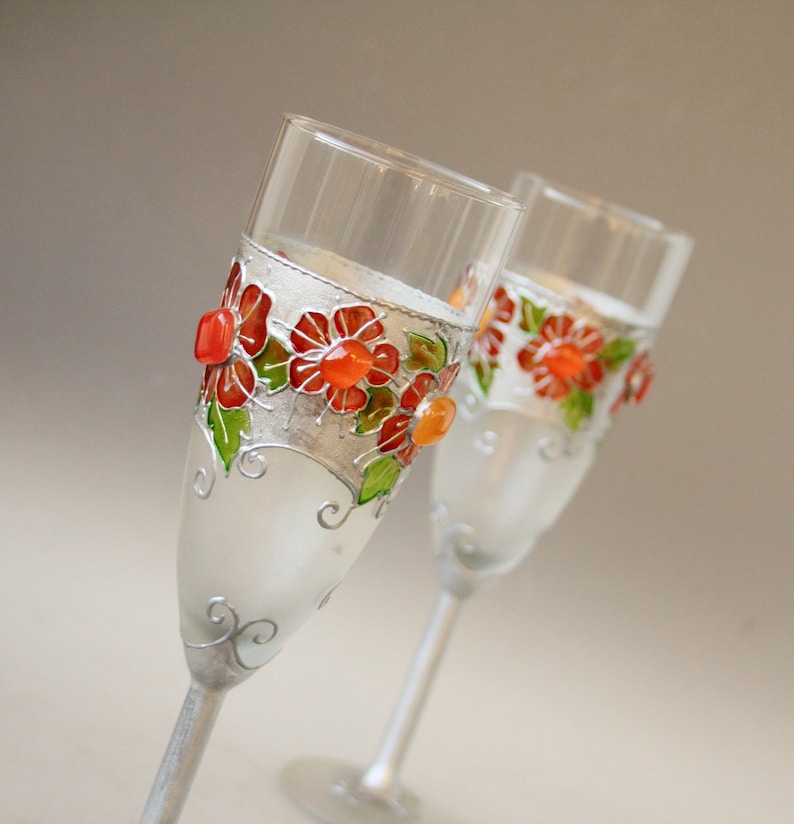 Retro Folk Wedding Glasses Champagne Flutes Silver Poppy Red, set of 2, Hand painted image 1