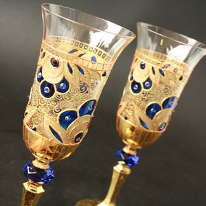 Champagne Glasses Wine Glasses Wedding Glasses Hand Painted, Gold Royal Blue Wedding Glasses, set of 2 image 4