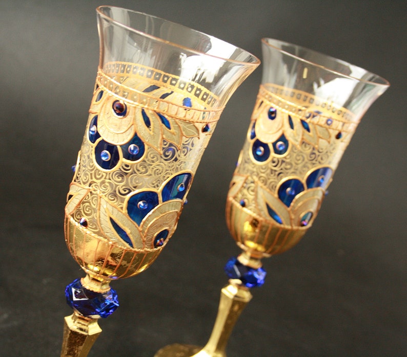 Champagne Glasses Wine Glasses Wedding Glasses Hand Painted, Gold Royal Blue Wedding Glasses, set of 2 image 4