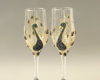 Peacock Wedding Glasses Champagne Hand Painted Set of 2