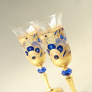 Champagne Glasses Wine Glasses Wedding Glasses Hand Painted, Gold Royal Blue Wedding Glasses, set of 2 image 1