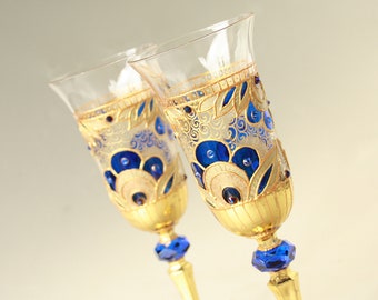 Champagne Glasses Wine Glasses Wedding Glasses Hand Painted, Gold Royal Blue Wedding Glasses, set of 2