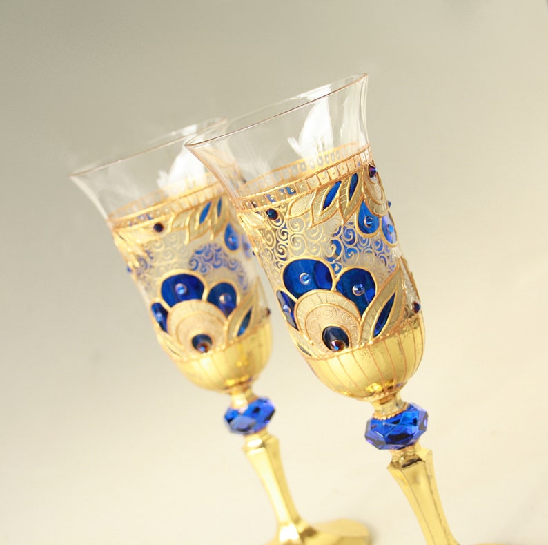 Champagne Glasses Wine Glasses Wedding Glasses Hand Painted, Gold Royal Blue Wedding Glasses, set of 2 image 1
