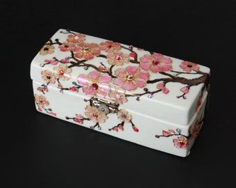 Ceramic Jewelry Box Sakura Wedding Ring Bearer Cherry Blossom Swarovski Crystals Hand painted