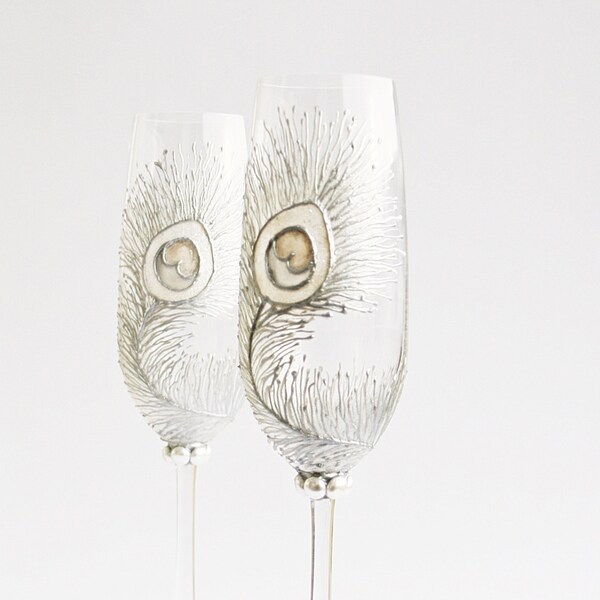 Wedding Glasses Bleached Peacock Feathers Hand Painted Flutes Set of 2
