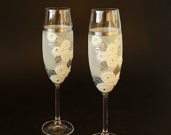 Wedding Glasses White Roses , Winter Wedding Champagne Flutes  Spring Anniversary, Hand-painted set of 2