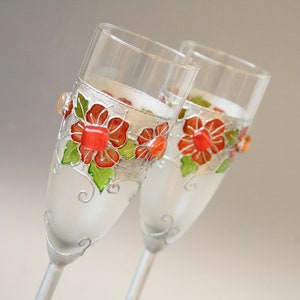 Retro Folk Wedding Glasses Champagne Flutes Silver Poppy Red, set of 2, Hand painted image 2