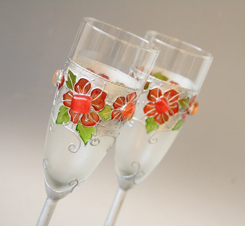 Retro Folk Wedding Glasses Champagne Flutes Silver Poppy Red, set of 2, Hand painted image 2