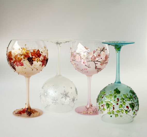 Verres vin ballon 4 saisons Ensemble peint la main de 4 Etsy