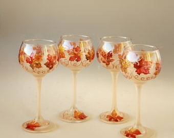 Fall Leaves Wine Glasses Champagne Hand Painted set of 4