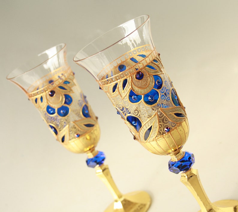 Champagne Glasses Wine Glasses Wedding Glasses Hand Painted, Gold Royal Blue Wedding Glasses, set of 2 image 8
