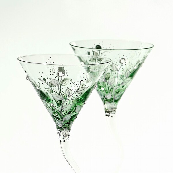 MADE to ORDER 2 sets of 2 Green Martini Glasses Silver leafs Clear  and Emerald Swarovski  Crystals