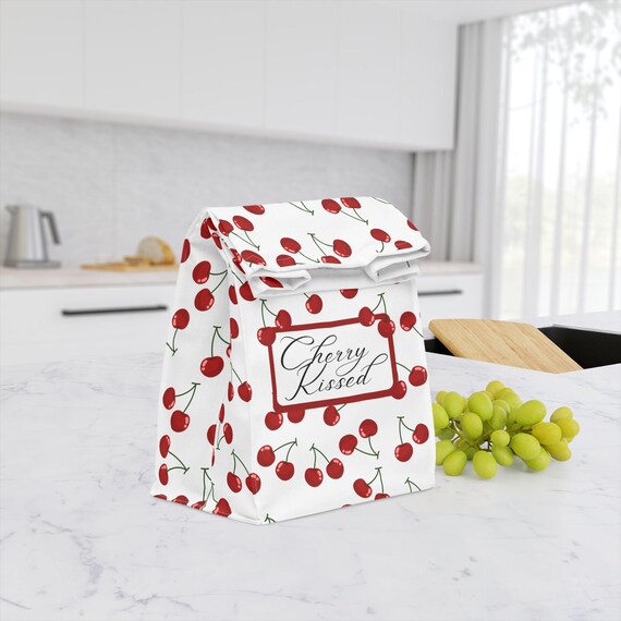 Sac à lunch en polyester effet cerise, motif cerises, sac de