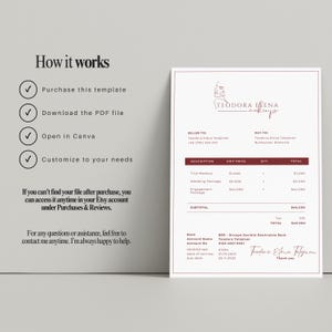 May include: A digital invoice template with the text "TEODORA ELENA makeup" and a list of services. The invoice includes sections for billing, payment, and a breakdown of costs. Instructions on how to use the template are also included.