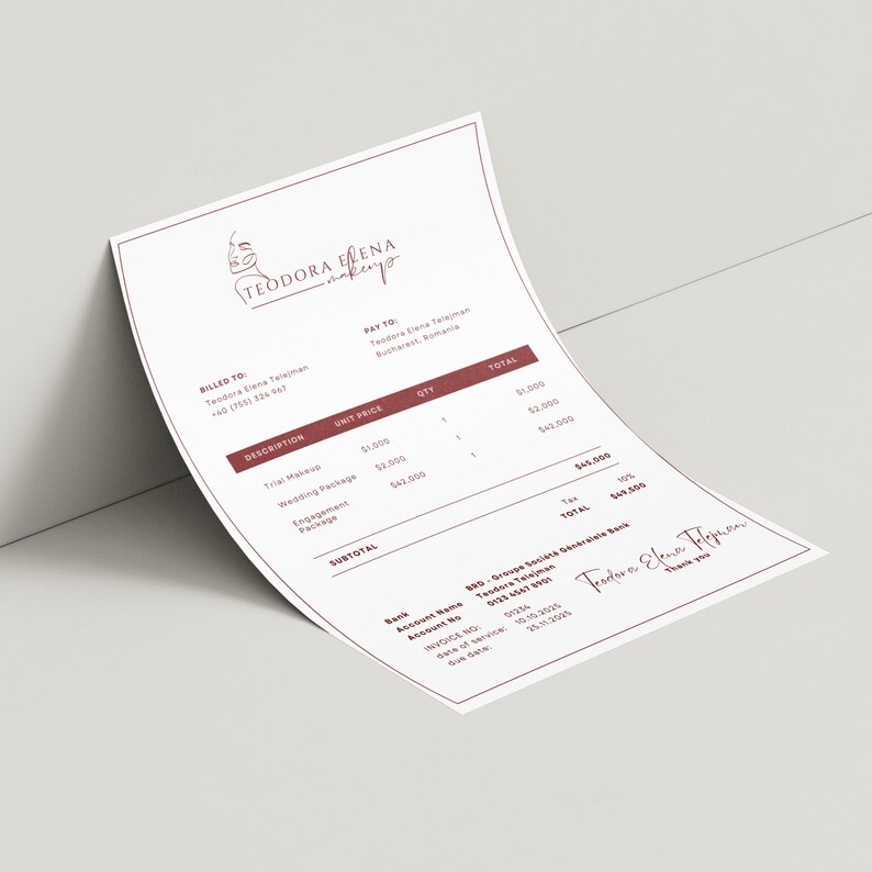 May include: A white invoice with burgundy text and a logo for "Teodora Elena Makeup". The invoice lists services like trial makeup and wedding packages. The total amount due is $49,500.