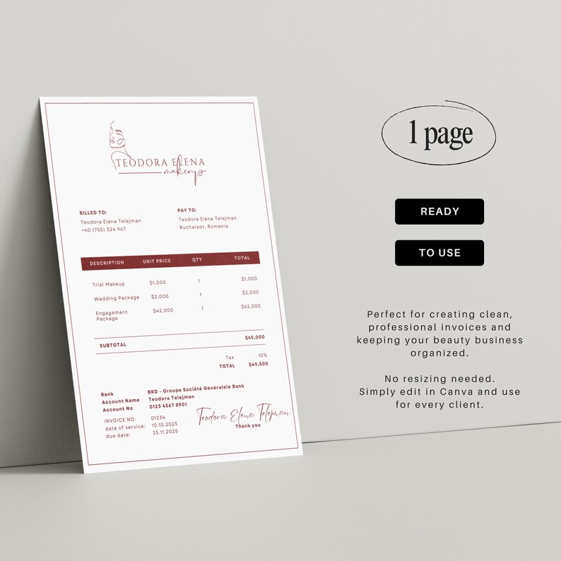 May include: A white invoice template with a minimalist design. The document includes fields for billing details, service descriptions, and totals. The text "TEODORA ELENA makeup" is at the top. The words "READY" and "TO USE" are also visible.