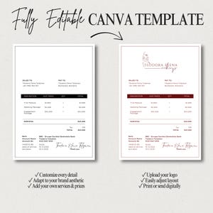 May include: A digital Canva template with two invoice examples. The invoices feature a makeup artist's logo and include fields for billing, services, and totals. Text includes "Fully Editable Canva Template" and customization options.