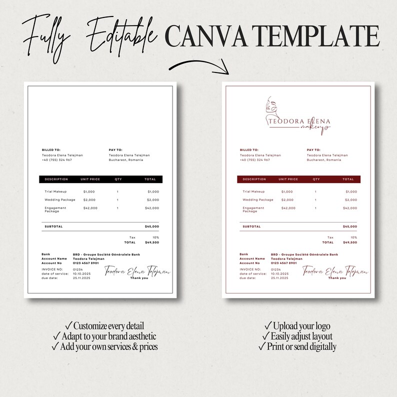 May include: A digital Canva template with two invoice examples. The invoices feature a makeup artist's logo and include fields for billing, services, and totals. Text includes "Fully Editable Canva Template" and customization options.