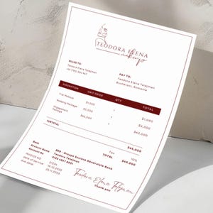 May include: A makeup invoice from Teodora Elena, featuring a logo with a stylized face. The document lists services like trial makeup, wedding packages, and engagement packages. The total amount due is $49,500.