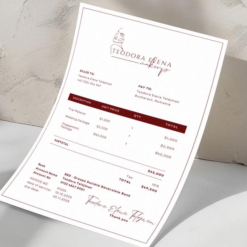 May include: A makeup invoice from Teodora Elena, featuring a logo with a stylized face. The document lists services like trial makeup, wedding packages, and engagement packages. The total amount due is $49,500.