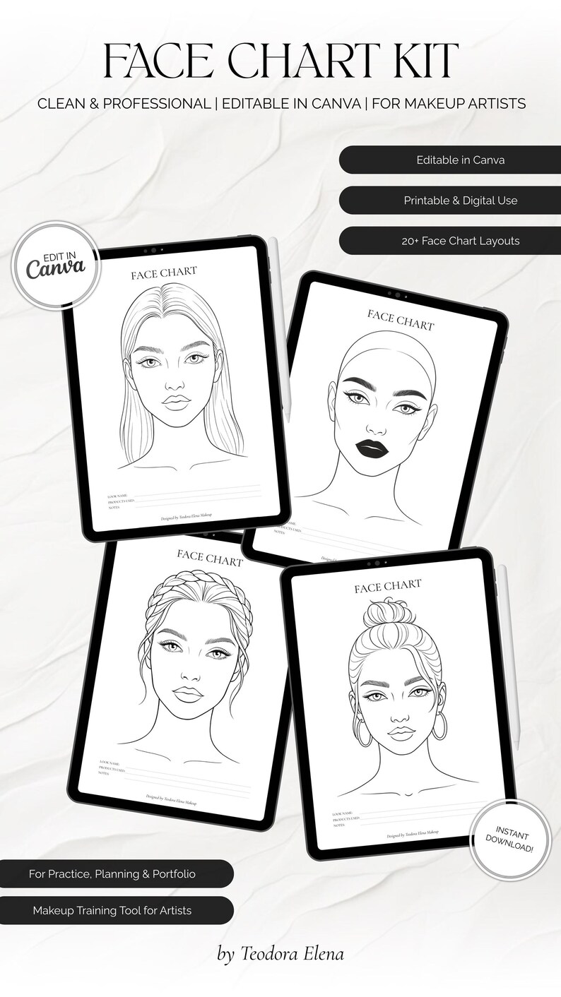 Makeup Artist Face Chart Kit | Editable Canva Templates for MUA ...