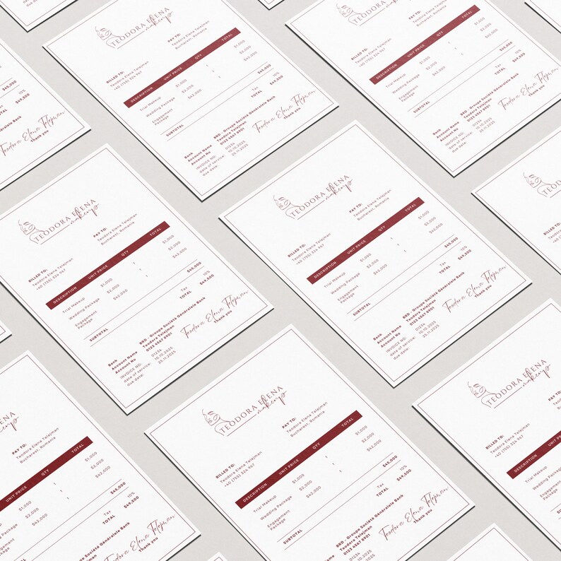 May include: Multiple white invoices with burgundy text and a logo that reads "TEODORA IENA makeup". The invoices include details such as "Wedding Package" and "Engagement Package". The invoices are arranged on a light gray surface.