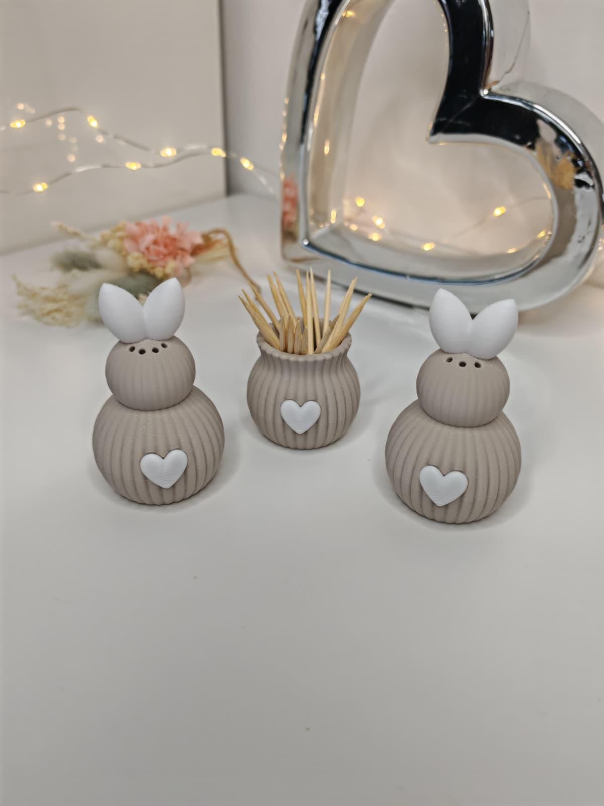Set Sale E Pepe Mud Pie A Forma Di Coniglio – 3 Pezzi In Gres Dipinto A Mano Con Cestino In Giacinto, 8x4 Cm, Bianco - 3