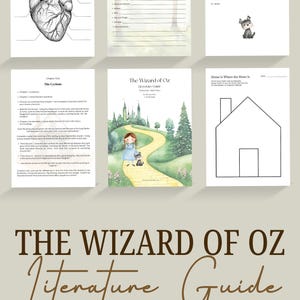 May include: A printable literature guide for "The Wizard of Oz" with illustrations of Dorothy and Toto on the Yellow Brick Road, a house, and a heart. The guide includes activities like vocabulary, comprehension questions, and a character analysis.