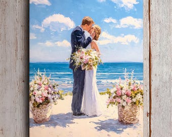 May include: Oil painting of a wedding scene on a beach. A couple in formal attire kisses in front of the ocean. Floral arrangements in woven baskets flank the couple. The sky is blue with white clouds.