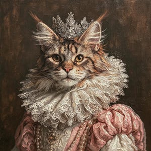 May include: An oil painting of a Maine Coon cat wearing an ornate silver crown, a large white lace ruff collar, and a pink and white garment adorned with strings of pearls. The cat has brown and white fur and is set against a dark brown background.