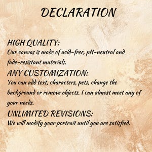 Puede incluir: Fondo beige con texto negro. El texto principal es "DECLARACI&Oacute;N". Le siguen "ALTA CALIDAD", "CUALQUIER PERSONALIZACI&Oacute;N" y "REVISIONES ILIMITADAS". El texto describe el material del lienzo y las opciones de personalizaci&oacute;n.