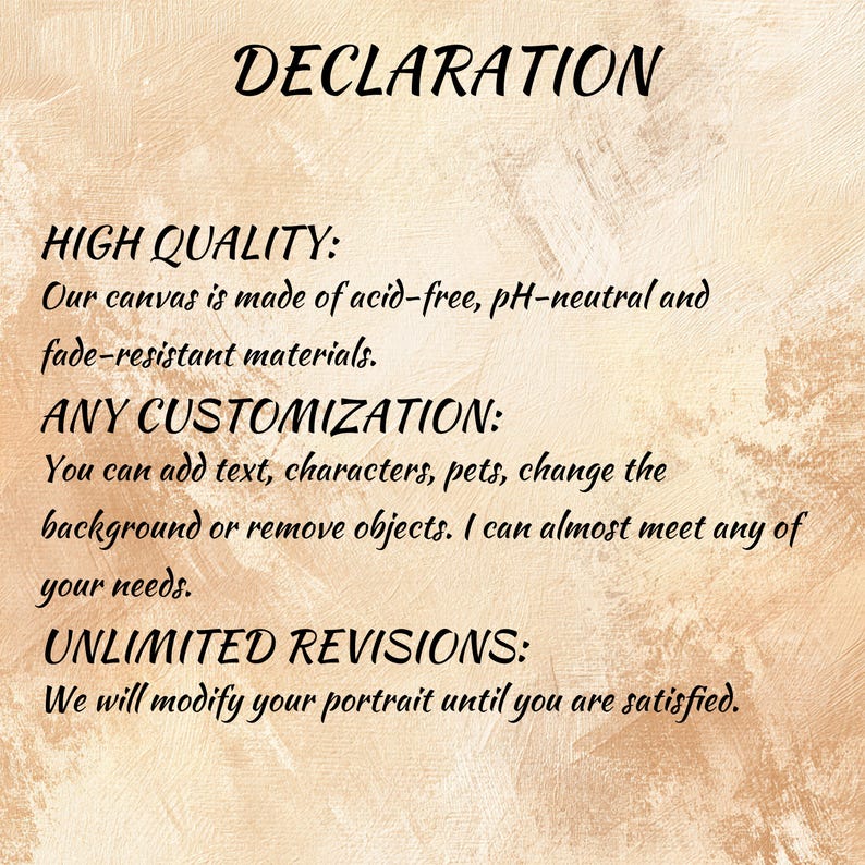Puede incluir: Fondo beige con texto negro. El texto principal es "DECLARACI&Oacute;N". Le siguen "ALTA CALIDAD", "CUALQUIER PERSONALIZACI&Oacute;N" y "REVISIONES ILIMITADAS". El texto describe el material del lienzo y las opciones de personalizaci&oacute;n.