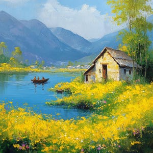 Puede incluir: Pintura al &oacute;leo de un paisaje sereno con una peque&ntilde;a caba&ntilde;a de piedra junto a un lago. Un bote con personas flota en el agua, rodeado de flores silvestres amarillas. Monta&ntilde;as y un cielo azul completan la escena.