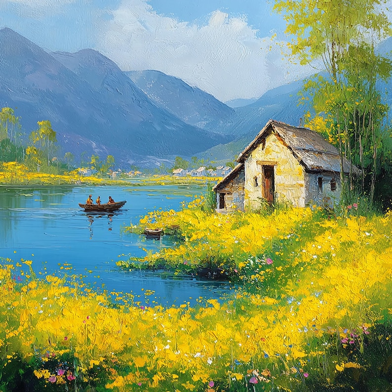 Puede incluir: Pintura al &oacute;leo de un paisaje sereno con una peque&ntilde;a caba&ntilde;a de piedra junto a un lago. Un bote con personas flota en el agua, rodeado de flores silvestres amarillas. Monta&ntilde;as y un cielo azul completan la escena.
