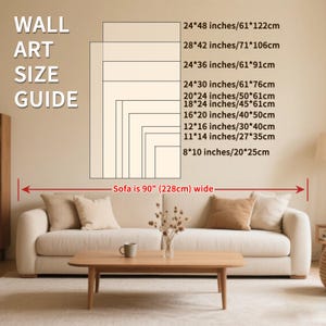 Puede incluir: Una gu&iacute;a de tama&ntilde;os de arte mural con dimensiones en pulgadas y cent&iacute;metros. La gu&iacute;a muestra varios tama&ntilde;os rectangulares, incluyendo 24x48 pulgadas (61x122cm) y 8x10 pulgadas (20x25cm). El texto tambi&eacute;n indica que el sof&aacute; mide 228cm de ancho.