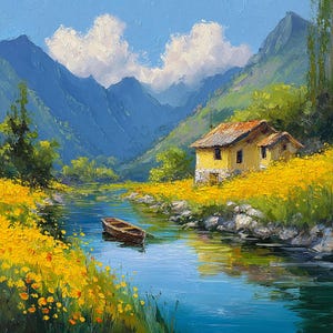 Puede incluir: Pintura al &oacute;leo de un paisaje sereno con una casa amarilla con tejado rojo junto a un r&iacute;o. Las monta&ntilde;as se alzan en el fondo bajo un cielo azul con nubes. Un peque&ntilde;o bote de madera flota en el agua, rodeado de flores amarillas.