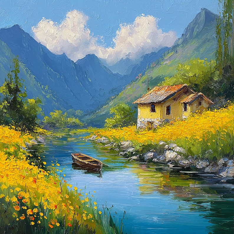 Puede incluir: Pintura al &oacute;leo de un paisaje sereno con una casa amarilla con tejado rojo junto a un r&iacute;o. Las monta&ntilde;as se alzan en el fondo bajo un cielo azul con nubes. Un peque&ntilde;o bote de madera flota en el agua, rodeado de flores amarillas.