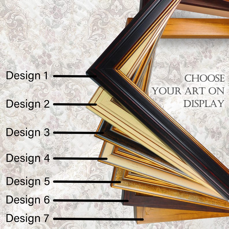 Puede incluir: Una selecci&oacute;n de siete dise&ntilde;os diferentes de marcos de fotos, cada uno con un estilo y color &uacute;nicos. Los marcos est&aacute;n apilados, mostrando varios acabados, incluyendo tonos negros, dorados y de madera natural. El texto dice "CHOOSE YOUR ART ON DISPLAY."