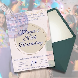 Editable 30th Birthday Invitation Template | Champagne & Caviar Dinner Party | Modern Glam Canva Invite | Digital or Printable