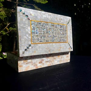 Puede incluir: Caja decorativa abierta con tapa rectangular. La caja está cubierta de pequeñas baldosas blancas iridiscentes rectangulares. La tapa presenta una incrustación estampada con borde dorado. La caja está sobre un fondo oscuro con follaje verde.