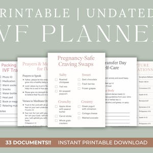 Op de afbeelding: Printbare en ongedateerde IVF-planner met diverse checklists en gidsen. Bevat secties voor inpakken, gebeden, cravings swaps, zelfzorg en bijbelverwijzingen. De planner is beschikbaar als een direct downloadbare printversie met 33 documenten.