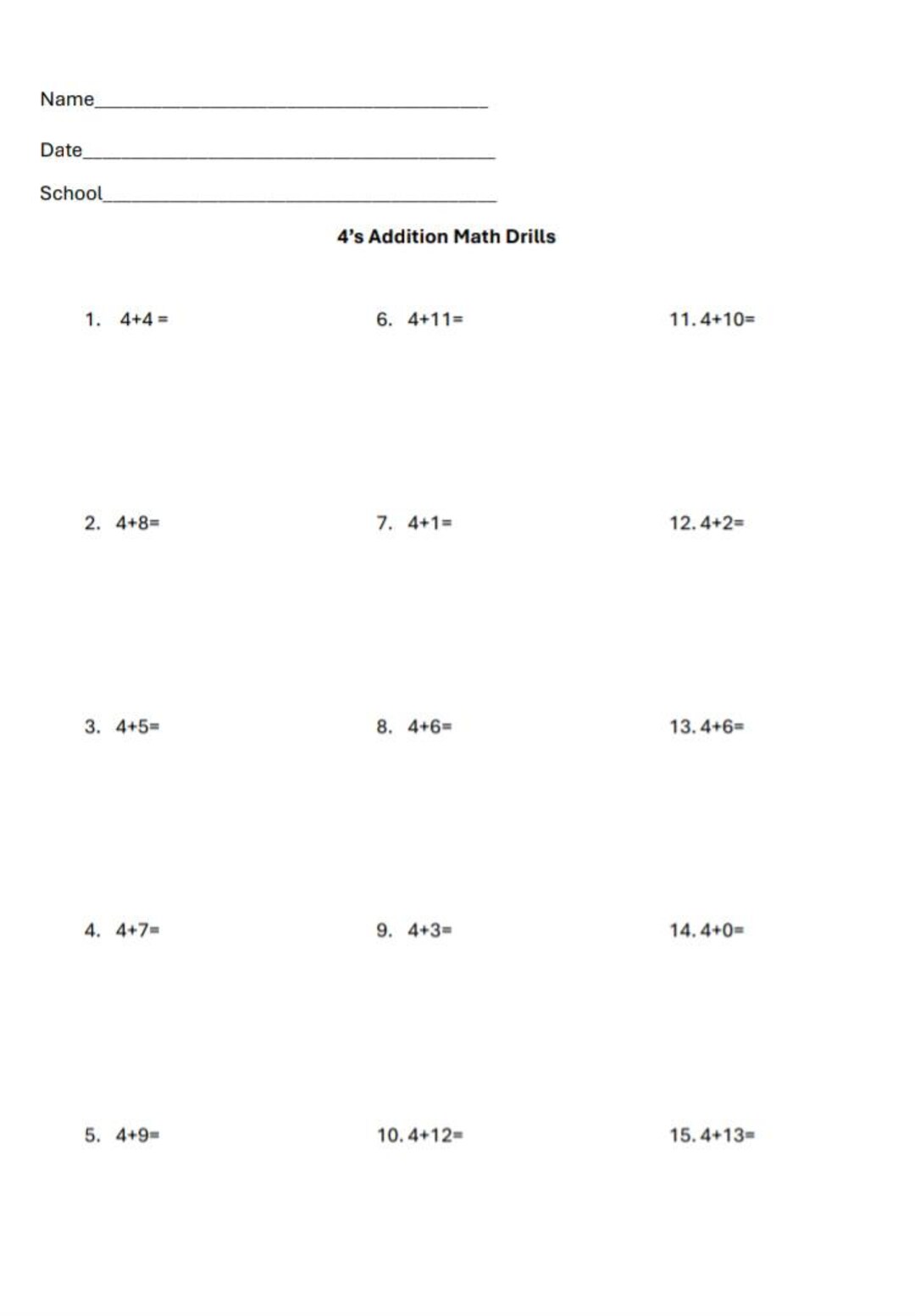 4's Math Addition Drills Worksheet Single and Double Digit Addition - Etsy