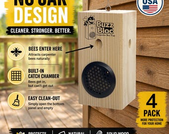 Trampa para abejas de madera para exteriores, sin frasco, con rejilla – Para colgar o colocar de pie – Protección para terrazas, cobertizos y graneros – Fabricada en EE. UU. - Paquete de 4