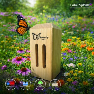 Puede incluir: Una caseta de mariposas de madera natural con el texto "Butterfly HUT" y un gr&aacute;fico de mariposa. La caseta tiene dos aberturas verticales y est&aacute; situada en un colorido jard&iacute;n de flores. Una mariposa naranja y negra se posa encima. Tambi&eacute;n se ven las palabras "Made in U.S.A.", "Family Owned", "All Natural" y "Kiln Dried".