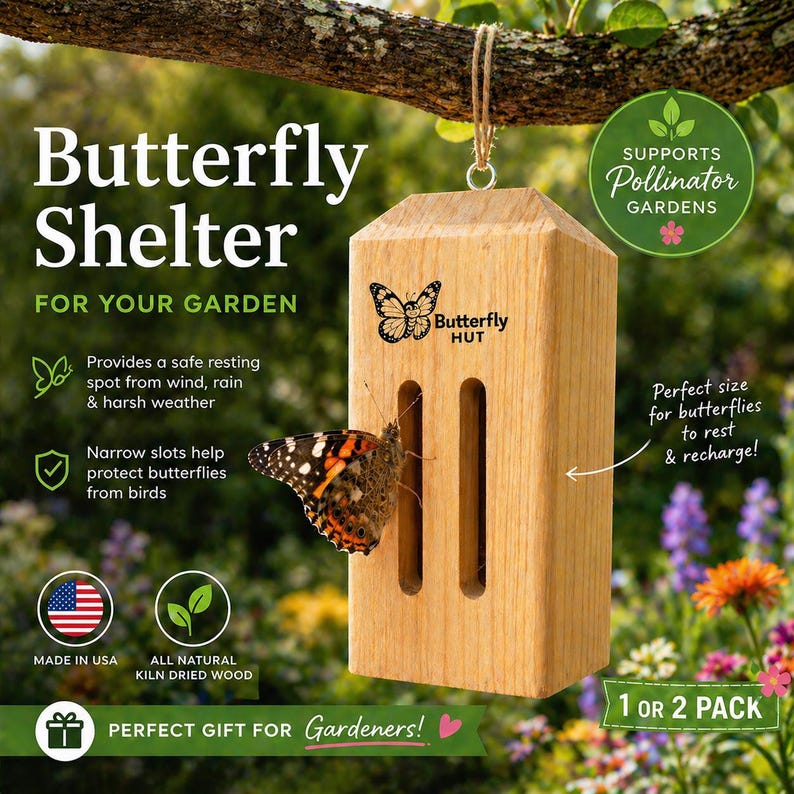 Puede incluir: Refugio de mariposas de madera con el texto "Butterfly Shelter" y "Butterfly Hut". El refugio tiene dos ranuras verticales y una mariposa descansando sobre &eacute;l. Tambi&eacute;n se ve el texto "Made in USA".